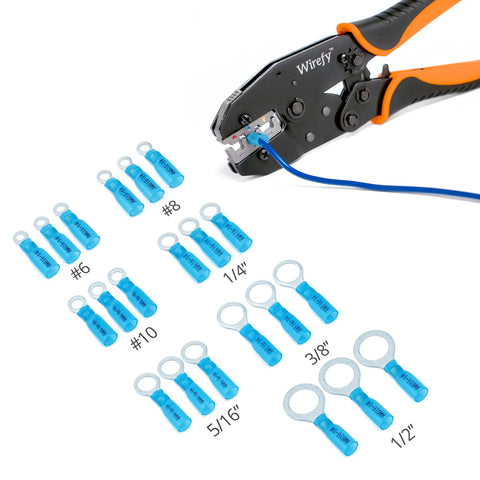 Marine Grade Heat Shrink Ring Terminals For 16 To 14 AWG Red Eyelet Connectors displayed with crimping tool