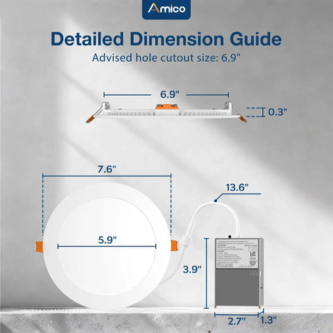 Diagram showing dimensions of 12 Pack 7 Inch Ultra Thin LED Canless Recessed Ceiling Lights with Junction Box and Cutout Size.