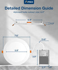 Detailed dimension guide for Six Pack Seven Inch 5CCT Ultra Thin Led Recessed Ceiling Downlights showing size specifications.