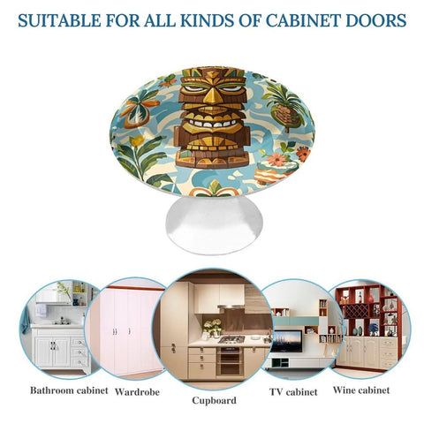 Vintage Aloha Tiki Pattern Cabinet Knobs 2 Pack Round Stainless Steel Drawer Pulls Tiki face design on white background