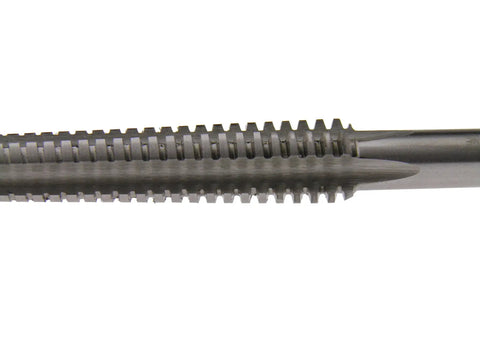Close-up of the Go-To High Speed Steel Tap for Threads Left Hand One Half Inch 10 TPI Manual Tapping Tool grooves and teeth
