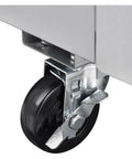 Heavy Duty One Door Reach In Freezer Boasting Hella Roomy Twenty Three Cubic Foot Capacity With Rock Solid Stainless Steel Construction And Smooth Rolling Casters, showing smooth rolling caster detail.