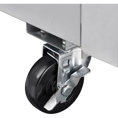 Heavy Duty One Door Reach In Freezer Boasting Hella Roomy Twenty Three Cubic Foot Capacity With Rock Solid Stainless Steel Construction And Smooth Rolling Casters, showing smooth rolling caster detail.