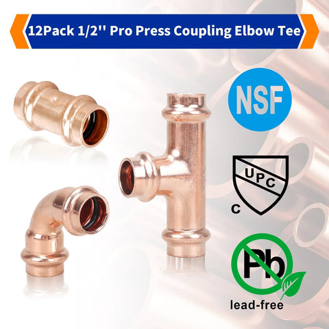 Znkiok 12-pack 1/2 in copper ProPress fittings set with elbow, tee, and coupling; lead-free, NSF/UPC.