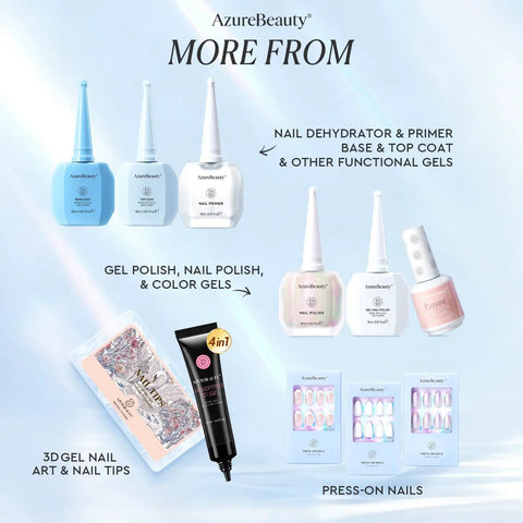 AzureBeauty products including 18ml Nail Dehydrator and Primer Pro Grade Set Acid Free and Hema Free shown with other nail items.
