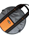 Heavy Duty Jumper Cable Organizer Bag That Straight Up Keeps Your EV Charging Cords Extension Lines And Tow Straps Snag Free With Zero Sweat Using A Secure Zipper And Sturdy Handle, round, gray and orange design.