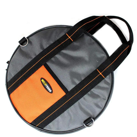 Heavy Duty Jumper Cable Organizer Bag That Straight Up Keeps Your EV Charging Cords Extension Lines And Tow Straps Snag Free With Zero Sweat Using A Secure Zipper And Sturdy Handle, round, gray and orange design.