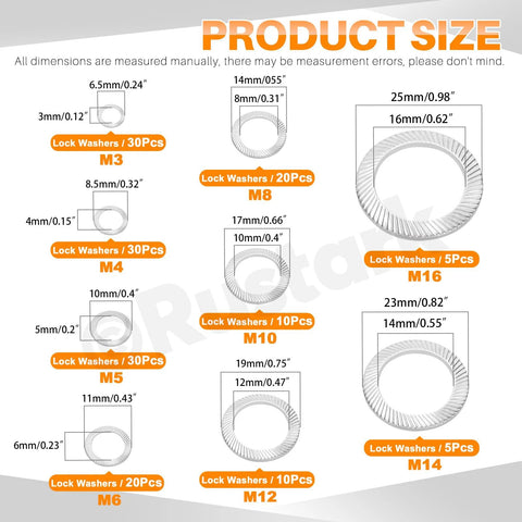 Rustark 160Pcs set of 304 stainless steel double-sided lock washers in 9 sizes (M3-M16), silver finish.