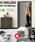Accordion Door Curtain With Adhesive Track 100 Percent Blackout For Bedroom Closet Or Room Divider Gray 43 Inch Wide By 78 Inch Long Faux Linen Look No Rod Needed Easy Install Interior Doorway Curtain, woman installing curtain without drilling
