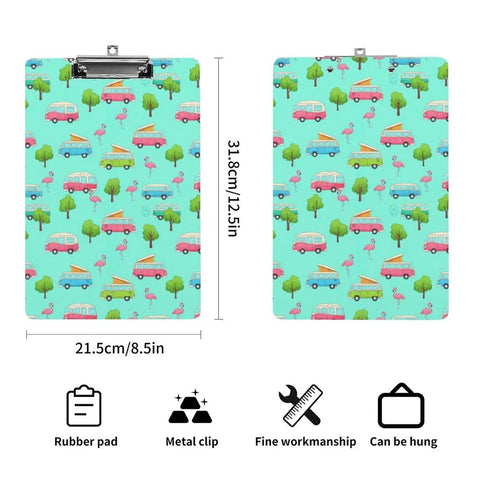 Happy Camping Themed Acrylic Clipboard For Office And Outdoors, Thick Durable Writing Surface, Fits A4 And US Letter Papers, Clear See Through Finish, Ideal For Note Taking, Sketching, And On The Go, 8.5 x 12.5 in