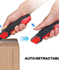Heavy Duty Self Retracting Utility Knife With 4 SK2H Blades, Safety Box Cutter, Rugged Aluminum Alloy Body, Non Slip TPR Grip, Unique Blade Compartment, HT0414 Model For Pros On The Job Pro Grade, auto-retracting box cut