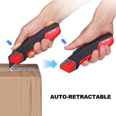 Heavy Duty Self Retracting Utility Knife With 4 SK2H Blades, Safety Box Cutter, Rugged Aluminum Alloy Body, Non Slip TPR Grip, Unique Blade Compartment, HT0414 Model For Pros On The Job Pro Grade, auto-retracting box cut