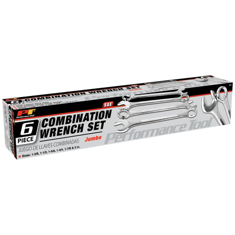 Box of Beefy Jumbo SAE 6-Piece Combination Wrench Set Built Tough With Heat-Treated Alloy Steel For Heavy-Duty Jobs, Full Pattern Raised Panel Grip