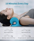 Woman using Neck And Shoulder Relaxer Cervical Traction Device For TMJ Pain Relief And Cervical Spine Alignment, blue ergonomic support.