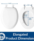 Elongated padded toilet seat with dimensions and diagram showing 14.13" width, 19.32" length, and 11.63" internal measurements.