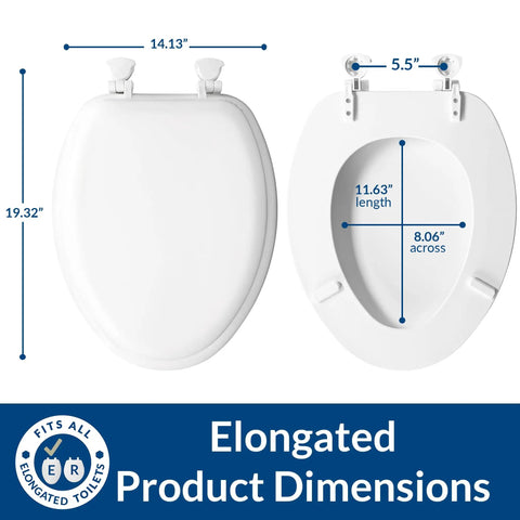 Elongated padded toilet seat with dimensions and diagram showing 14.13" width, 19.32" length, and 11.63" internal measurements.