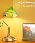 Green Glass Bankers Lamp With 2 USB Ports And Touch Control Brass Base 3 Way Dimmable Vintage Desk Lamp for adjustable angle