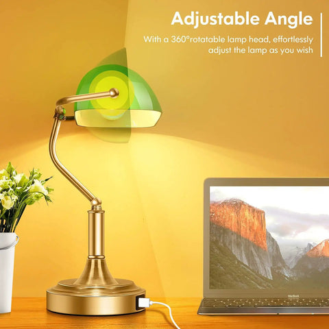 Green Glass Bankers Lamp With 2 USB Ports And Touch Control Brass Base 3 Way Dimmable Vintage Desk Lamp for adjustable angle