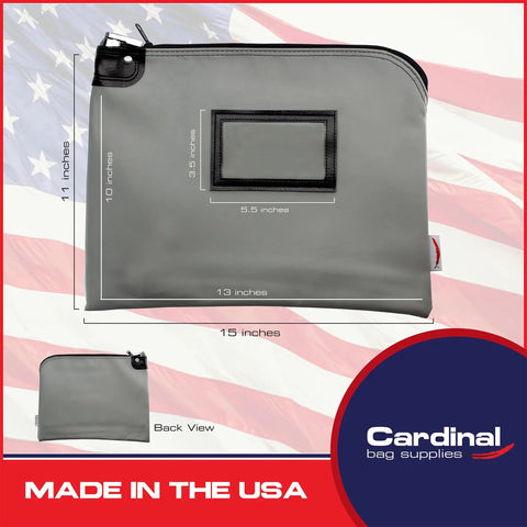 Hassle Free Lockable Document Pouch In Gray Provides HIPAA Compliant Protection For Medical And Legal Files Measuring 11 By 15 Inches, shown with dimensions.