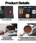Product details for Slap That Coffee Tight With This Fully Automatic Espresso Tamper Machine showing adjustment and operation steps.