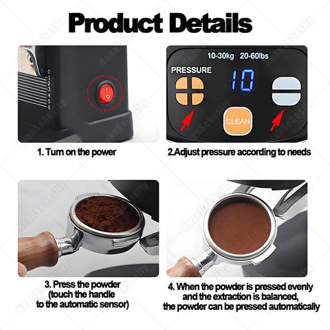 Product details for Slap That Coffee Tight With This Fully Automatic Espresso Tamper Machine showing adjustment and operation steps.