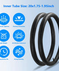 Two Mountain Bike Tires And Tubes Set With 20x1.95 Tire And 32mm Inner Tubes, display of two inner tubes with icons for features.