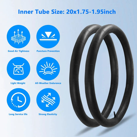 Two Mountain Bike Tires And Tubes Set With 20x1.95 Tire And 32mm Inner Tubes, display of two inner tubes with icons for features.