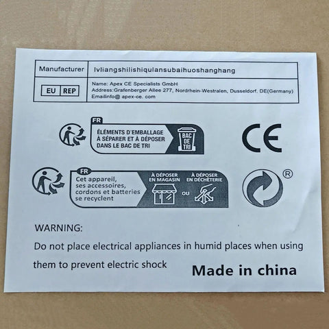 Close-up of a product label with recycling instructions and 'Made in China' text.