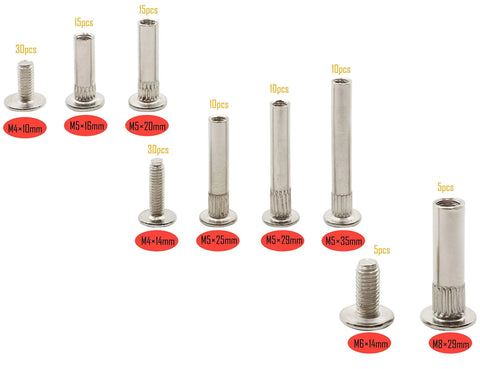 Workhorse Grade Chicago Screws And Rivet Socket Binders For Furniture Projects Nickel Plated Carbon Steel Assortment Kit showing various sizes and quantities.