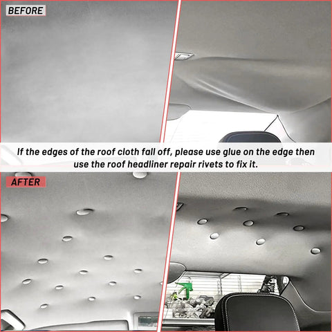 Before and after using 65 Piece Car Roof Headliner Repair Kit With 262 Snap Rivets And Retainer For Interior Ceiling Cloth Fixing