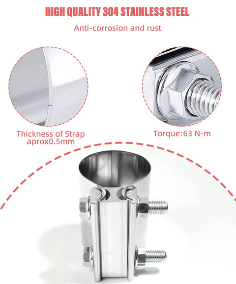 Stainless Steel Exhaust Clamp Band For 2.5 Inch Exhaust Pipe, Universal Widening Butt Joint Clamp close-up with torque detail