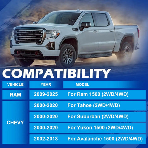 3-Inch Rear Levelling Kit And Heavy Dity Lift Spacers For Dodge Ram 1500 2009 To 2025 Fits Chevy Tahoe Suburban Gmc Yukon Avalanche Suv Truck No Hassle Install Badass Ground Clearance vehicle compatibility chart