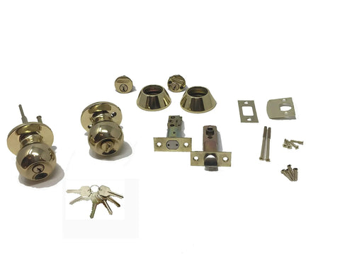 ED05-6 Entry Door Knob And Deadbolt Combo Lock Set In Polished Brass, 6 Keys, 6-Pack, showing components and keys