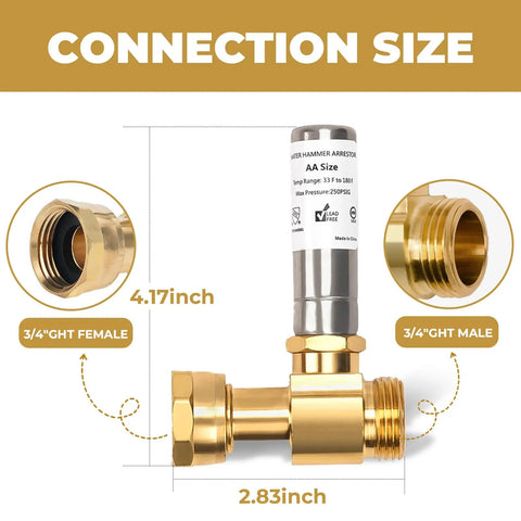 Stainless Steel Water Hammer Arrestor For Washing Machine 3/4 Inch FHT x 3/4 Inch MHT Straight 2 Pack No More Pipe Knock Reduces Noise Stops Water Hammer Easy Install showing 3/4 GHT female and male connections