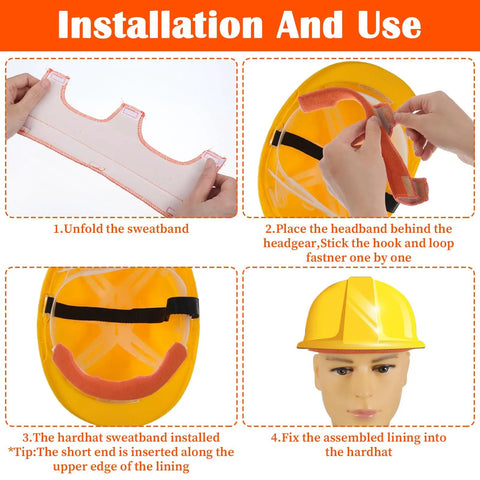Installation of 5 Pack Hard Hat Liner Sweat Bands Washable Flame Retardant Cotton Welding Helmet Sweat Bands on a yellow helmet.