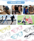Collage showing 12 Pack Pro Grade Anti Fog Safety Glasses With Side Shields For Lab Work And Nursing Clear Protective Eye Goggles in different colors, with people using them in various activities like crafts, jogging, and socializing outdoors.