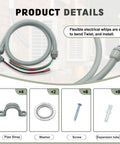Power Whip Assembly Kit Half Inch By Six Foot Non Metallic Liquid Tight Flexible Electrical Conduit With Ten AWG Copper Wire Three Conductors Red Black Green THHN THWN UL Listed No Fuss Setup with accessories.