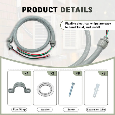 Power Whip Assembly Kit Half Inch By Six Foot Non Metallic Liquid Tight Flexible Electrical Conduit With Ten AWG Copper Wire Three Conductors Red Black Green THHN THWN UL Listed No Fuss Setup with accessories.
