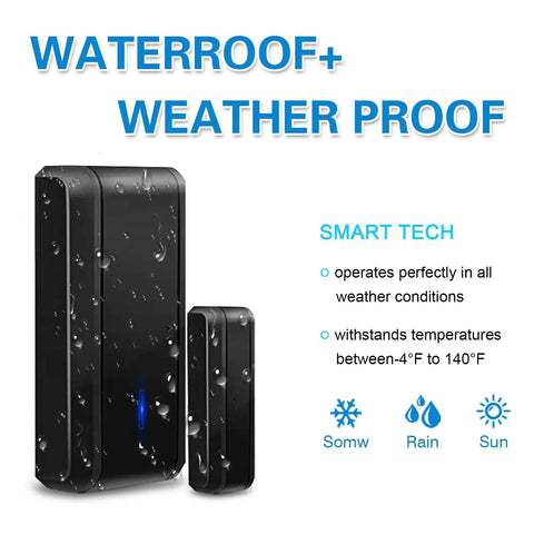 Waterproof Wireless Door Alarm With Adjustable Volume Chime For Home Or Business in black, showing smart tech and weatherproof design