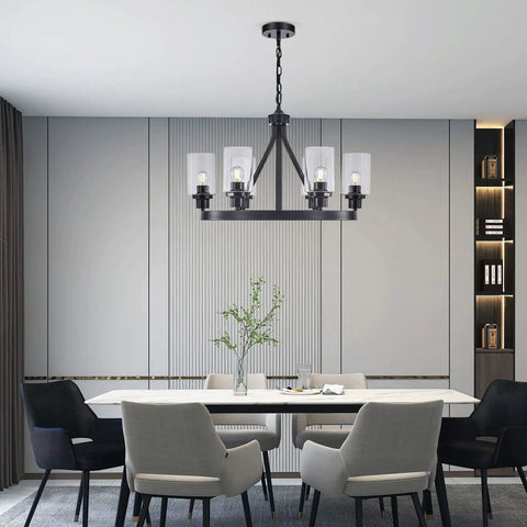 Dining room with Six Light Round Farmhouse Chandelier With Vintage Rustic Pendant Ceiling Lights Clear Glass Shade Black Finish
