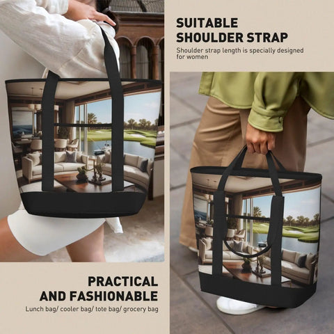 Golf Yacht Club Inspired Travel Tote Bag for Women with interior room print, black straps, suitable for work and shopping.