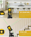 100Ft Green Cross Line Rotary Laser Level With Tripod showing self-leveling and manual mode in kitchen and stairs