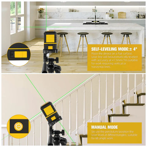 100Ft Green Cross Line Rotary Laser Level With Tripod showing self-leveling and manual mode in kitchen and stairs