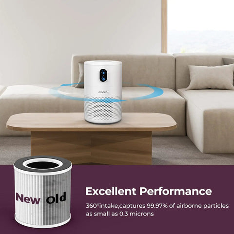 Replacement H13 True HEPA Filter For B-D02L Air Purifier shown with performance features in a modern living room setting.