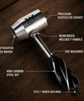 Rugged Bushcraft Settlers Hand Auger With Scotch Eye And Peg Maker showing precision scotch eye socket, reinforced T-handle.
