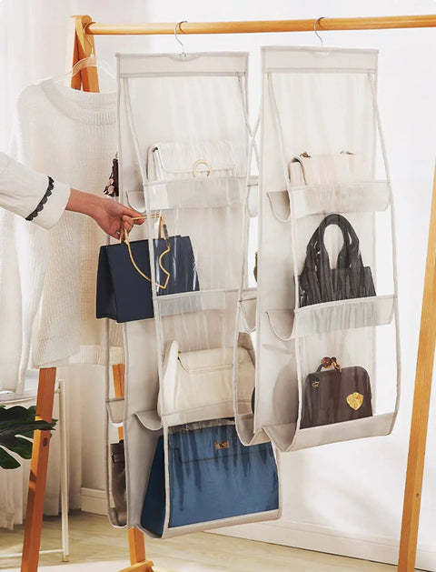 2 Pack Hanging Handbag Organizer for Closet with 8 Pockets Space Saving Purse Storage for Medium Purses and Bags Durable Polyester PVC Washable Wardrobe Organizer Easy to Install Light Gray shown with purses