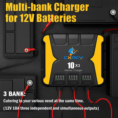 Three Bank 12V Battery Charger With 30A Total Output (10A Per Bank) Onboard Marine Charger connected to batteries