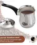Turkish Coffee Pot 180ml Stainless Steel With Anti Scalding Handle And Lid No Fuss Easy To Use Milk Warmer Pot For Coffee Chocolate Butter Cheese And More Durable Kitchen Stove Top Pot shown with lid beside it on coffee beans