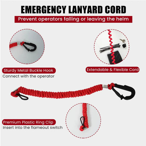 Red emergency lanyard cord with metal buckle hook and plastic ring clip for safety on Side Mount Outboard Throttle Remote Control Box