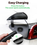 Level 2 Home Smart EV Charger 50A 240V Hardwired Station for indoor outdoor use, Tesla plug close-up on car